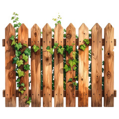 Wooden picket fence adorned with green ivy, with sunlight dappling the wood