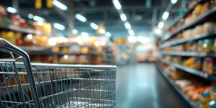 Empty Shopping Cart in Supermarket Aisle