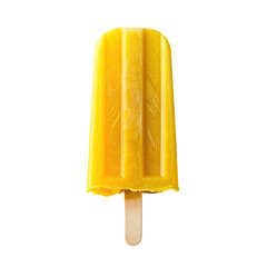 Isolated overhead shot of a yellow, rectangular popsicle on a wooden stick, against black