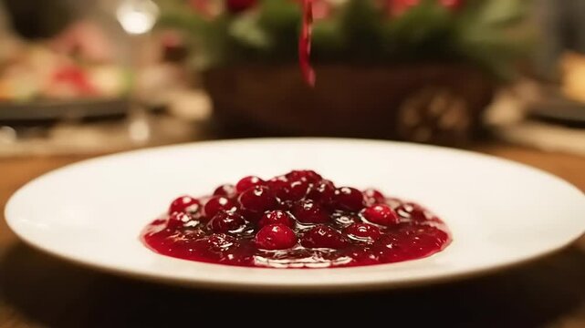 Pouring cranberry sauce onto white plate on festive table, adding sweet and tart complement to holiday meal, creating warm and inviting atmosphere.