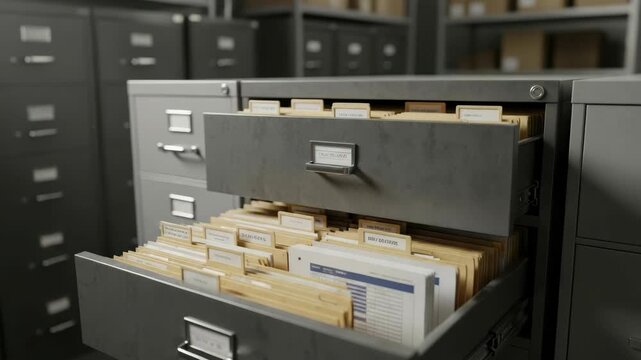 Two open drawers of grey metal filing cabinet packed with manila folders and labeled tabs A document with grid chart is visible in the bottom drawer Storage units fill the background
