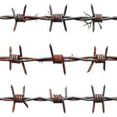 Close-up of three rusty strands of barbed wire against a stark black background