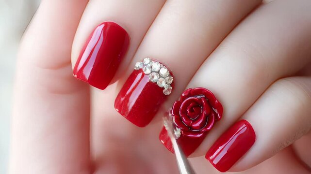 Elegant red manicure with rose design and sparkling rhinestones nail art process