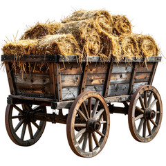 Rustic wooden cart overflowing with golden hay bales against a transparent background