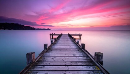 Obraz premium Scenic Pier Leading to Tranquil Water Under a Vibrant Sunset Sky With Clouds Serene Water Horizon Majestic Landscape Tranquility Peace Calm Outdoor