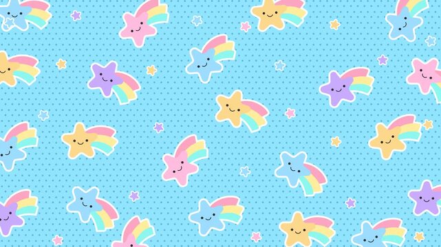 Kawaii stars with rainbow tails background loop animation. 