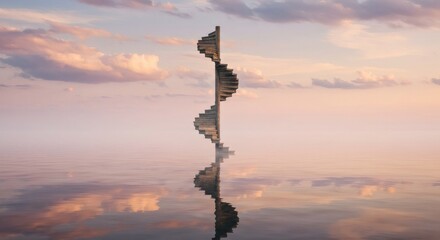 Obraz premium Surreal Vision: Single Spiral Staircase Rising from Calm Water Under a Sunset Sky