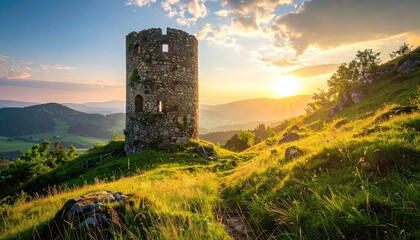 Stone Tower on Green Hill at Sunset with Golden Light Casting a Warm Glow Over the Landscape in a Picturesque European Setting at Dusk