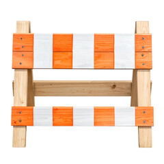 A wooden construction barrier with alternating orange and white stripes stands on a black backdrop