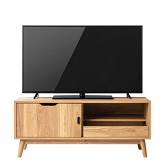 A flat-screen television sits atop a light wooden console with a sliding door and open shelf