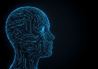 Obraz premium Digital Human Head Outline with Glowing Circuit Board Pattern and Data Particles