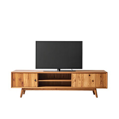 A wooden entertainment center with a mounted television against a stark black background
