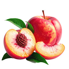 A ripe, fresh peach and nectarine display, one cut open to reveal a seed