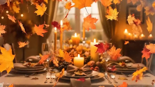 Festive autumn table setting displays candles and falling leaves in a cozy dining room creating a warm and inviting atmosphere for a fall celebration.