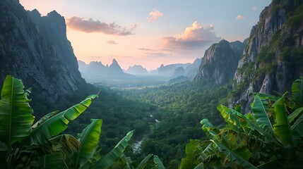 Tropical jungle valley at sunrise with lush banana leaves in the foreground and steep mountain cliffs framing the misty forest, creating a peaceful natural landscape full of greenery and depth.