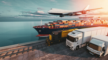 Global logistics and transportation system with cargo ship, truck, train, and airplane