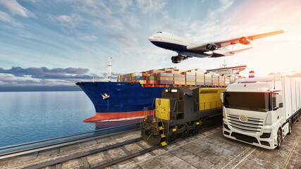 Global logistics and transportation system with cargo ship, truck, train, and airplane
