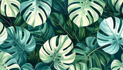Tropical leaves pattern, various shades of green and cream
