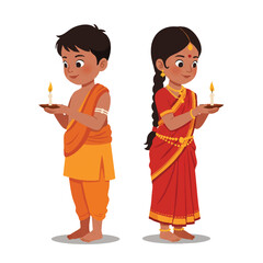 Fototapeta premium Indian children, a boy and a girl, stand quietly side-by-side, each holding a lit candle in serene contemplation, captured in a vibrant flat 2D vector illustration.