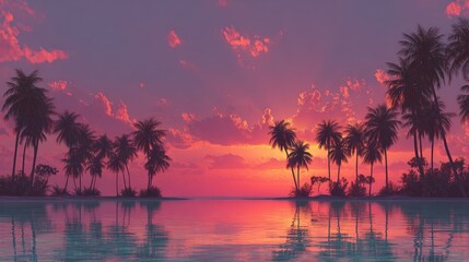 Tropical sunset beach vacation scene with pastel sky and nature-inspired design ai-enhanced background featuring trees and calm waters