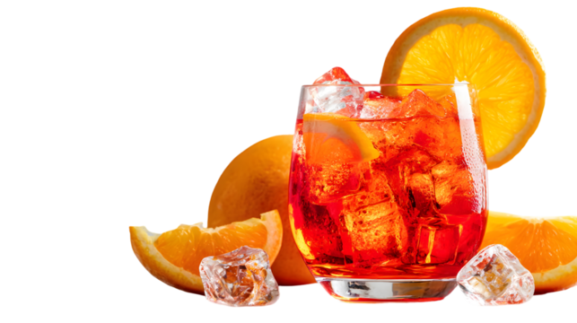 Refreshing vibrant red cocktail bursting with ice and fresh orange slices, perfect for summer celebrations and sophisticated gatherings