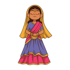 Indian Girl in Traditional Dress with Gold Jewelry and Veil on Transparent Background