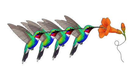 Colorful Hummingbirds Feeding Vibrant Orange