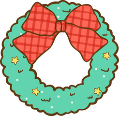 Cute Gingham Christmas Wreath with Red Bows Hand Drawn, Coquette Preppy Christmas