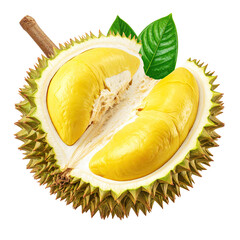 A spiky, open fruit reveals creamy yellow segments, a green leaf is nestled within