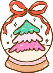 Gingham Christmas Snow Globe Christmas Tree Illustration Hand Drawn, Coquette Preppy Christmas