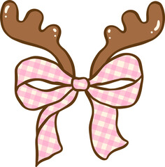 Gingham Christmas Cartoon Reindeer Antlers with Pink Plaid Bow Hand Drawn, Coquette Preppy Christmas