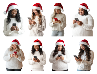 PNG Diverse women enjoying festive technology, element set on transparent background