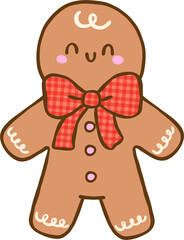 Gingham Christmas Gingerbread Man with Red Bow Tie Hand Drawn, Coquette Preppy Christmas