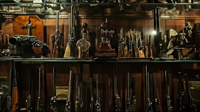 A vintage collection of firearms displayed in a wooden cabinet.