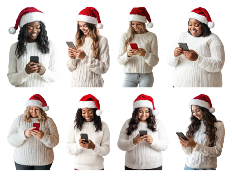 PNG Diverse women enjoying festive technology, element set on transparent background