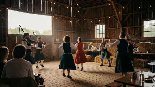 Scottish Dancers Perform in a Rustic Barn Interior During Daytime with Musical Accompaniment