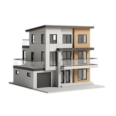 3D Rendering Shows Modern House with Balconies and Wood Accents on Transparent Background