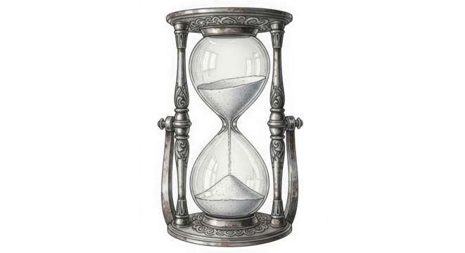 Vintage hourglass with sand isolated on transparent background, time is running out