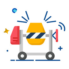 Yellow Concrete Mixer Icon with Striped Pattern and Decorative Elements in Flat Design on...