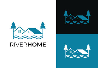 This is a river house logo by combining a house, river and tree with a simple lineart style. This logo is suitable for real estate, lodging, home rentals, and the like.