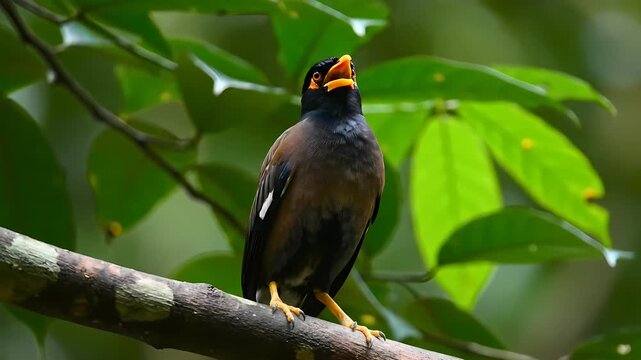 Vibrant Common Myna bird singing on a tree branch in a lush tropical jungle with a green bokeh background