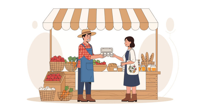 Farmer selling eggs to customer at farmers market with organic products and vegetables