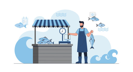 Fishmonger Displaying Fresh Catches at a Market Stall, Coastal Illustration