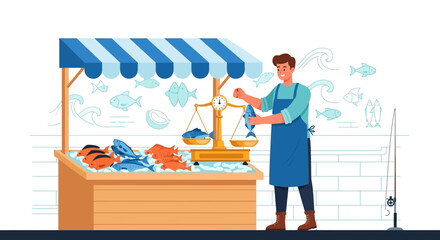 Fototapeta premium Fisherman Weighing Freshly Caught Fish at Market Stall for Selling to Customers