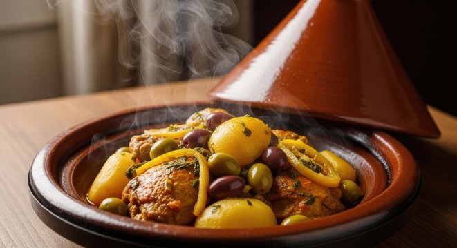 Tajine Zitoun in Steam: Algerian Olive & Lemon Stew in Conical Clay, Captured in Golden Stillness