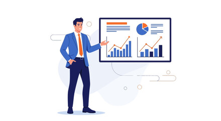 Obraz premium Financial Analyst Presenting Graphs Showing Data Analysis And Business Growth Illustration