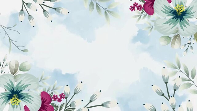 Watercolor Floral Background with Blue and Pink Flowers.