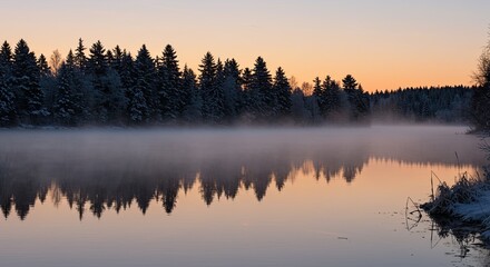 Fototapeta premium Misty Lake with Evergreen Trees Reflected at Sunset in Winter Landscape