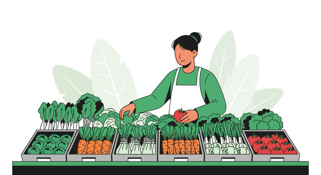 Friendly Grocer Displays Fresh Harvest Produce At Farmers Market For Healthy Living - Powered by Adobe