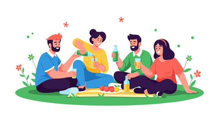 Friends enjoying a picnic outdoors, drinking juice and spending time together amicably